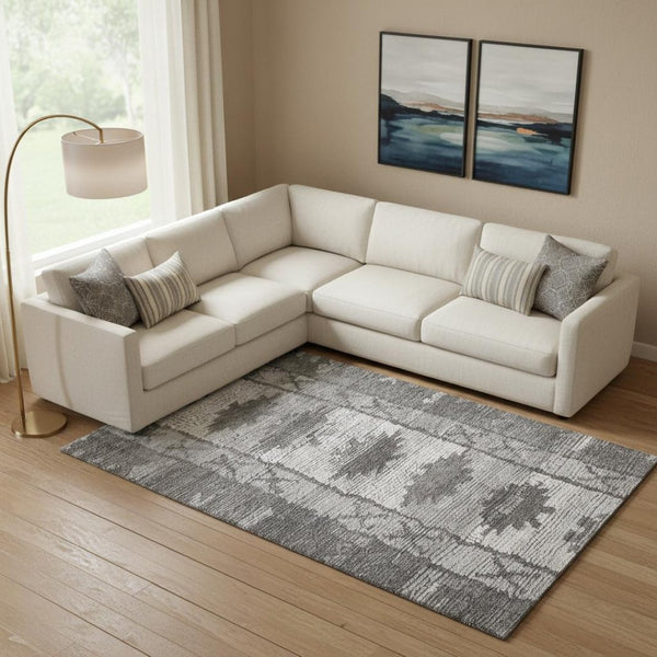 HomeRoots 10' X 14' Stylish Charcoal & Ivory Tribal Area Rug - Washable, UV-Protected, Stain-Resistant Design 709042