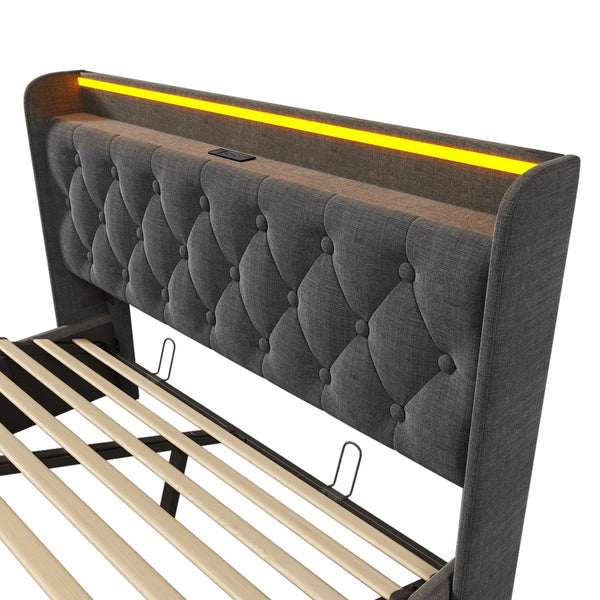 English Elm Queen Upholstered Bed with Surround LED, App/Remote Control, Hydraulic Storage, USB Type-C Charging Gray N736P188807G