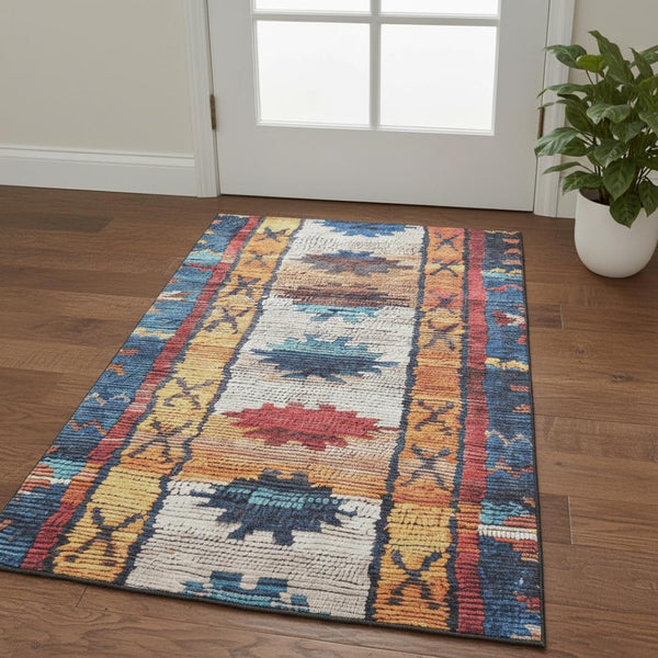 HomeRoots 5' Vibrant Tribal Area Rug in Navy, Orange & Red - Washable, UV Protected, Durable for Homes with Kids! 709044