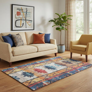 HomeRoots 8' Vibrant Navy Blue, Orange & Red Tribal Round Rug - Washable, UV Protected & Stain Resistant! 709045