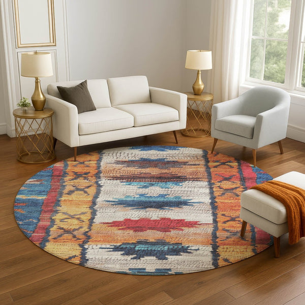 HomeRoots 8' X 10' Washable Tribal Area Rug in Navy, Orange & Red – UV Protected, Durable & Family-Friendly! 709046