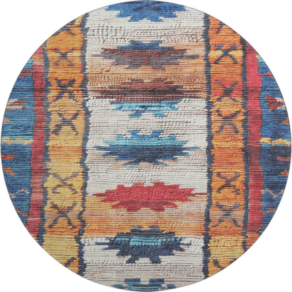 HomeRoots 8' X 10' Washable Tribal Area Rug in Navy, Orange & Red – UV Protected, Durable & Family-Friendly! 709046