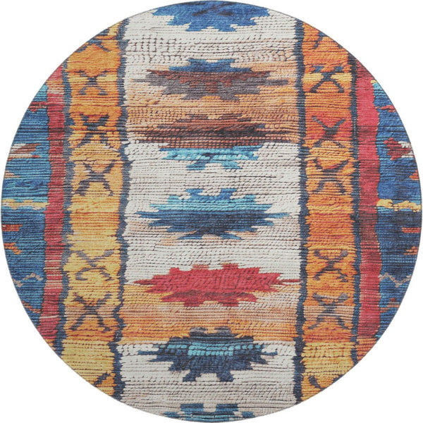 HomeRoots 8' X 10' Washable Tribal Area Rug in Navy, Orange & Red – UV Protected, Durable & Family-Friendly! 709046