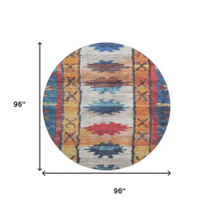 HomeRoots 8' X 10' Washable Tribal Area Rug in Navy, Orange & Red – UV Protected, Durable & Family-Friendly! 709046