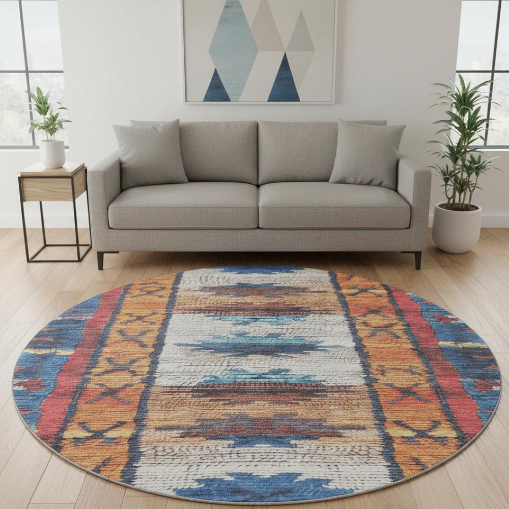 HomeRoots 8' X 10' Washable Tribal Area Rug in Navy, Orange & Red – UV Protected, Durable & Family-Friendly! 709046