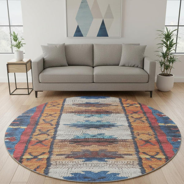 HomeRoots 8' X 10' Washable Tribal Area Rug in Navy, Orange & Red – UV Protected, Durable & Family-Friendly! 709046