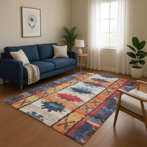 HomeRoots 9' X 12' Vibrant Navy Blue Tribal Area Rug - Stain-Resistant, Durable, UV Protected for High Traffic Spaces 709047