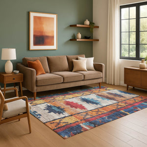 HomeRoots 9' X 12' Vibrant Navy Blue Tribal Area Rug - Stain-Resistant, Durable, UV Protected for High Traffic Spaces 709047