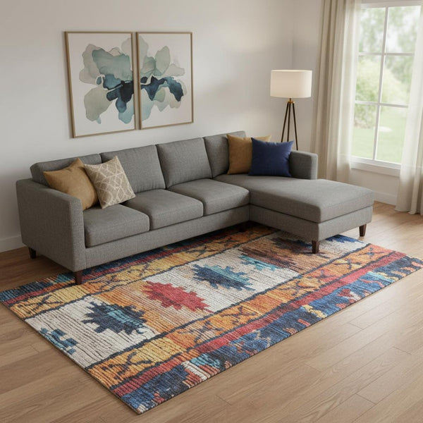 HomeRoots 10' X 14' Navy Blue Tribal Area Rug with Orange & Red Accents - UV Protected, Washable & Durable! 709048