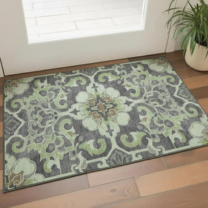 HomeRoots 5' X 8' Artichoke Green Floral Medallion Rug - Washable, Stain-Resistant, UV-Protected for Homes 709050