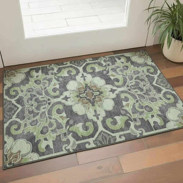 HomeRoots 5' X 8' Artichoke Green Floral Medallion Rug - Washable, Stain-Resistant, UV-Protected for Homes 709050