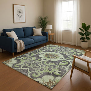 HomeRoots 5' X 8' Artichoke Green Floral Medallion Rug - Washable, Stain-Resistant, UV-Protected for Homes 709050