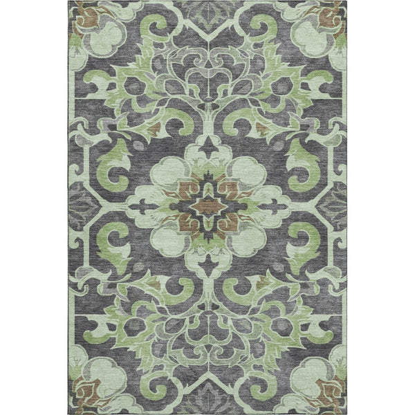HomeRoots 5' X 8' Artichoke Green Floral Medallion Rug - Washable, Stain-Resistant, UV-Protected for Homes 709050