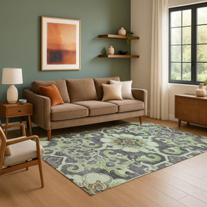 HomeRoots 5' X 8' Artichoke Green Floral Medallion Rug - Washable, Stain-Resistant, UV-Protected for Homes 709050