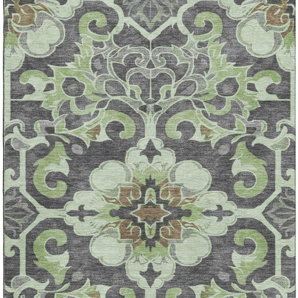 HomeRoots 5' X 8' Artichoke Green Floral Medallion Rug - Washable, Stain-Resistant, UV-Protected for Homes 709050