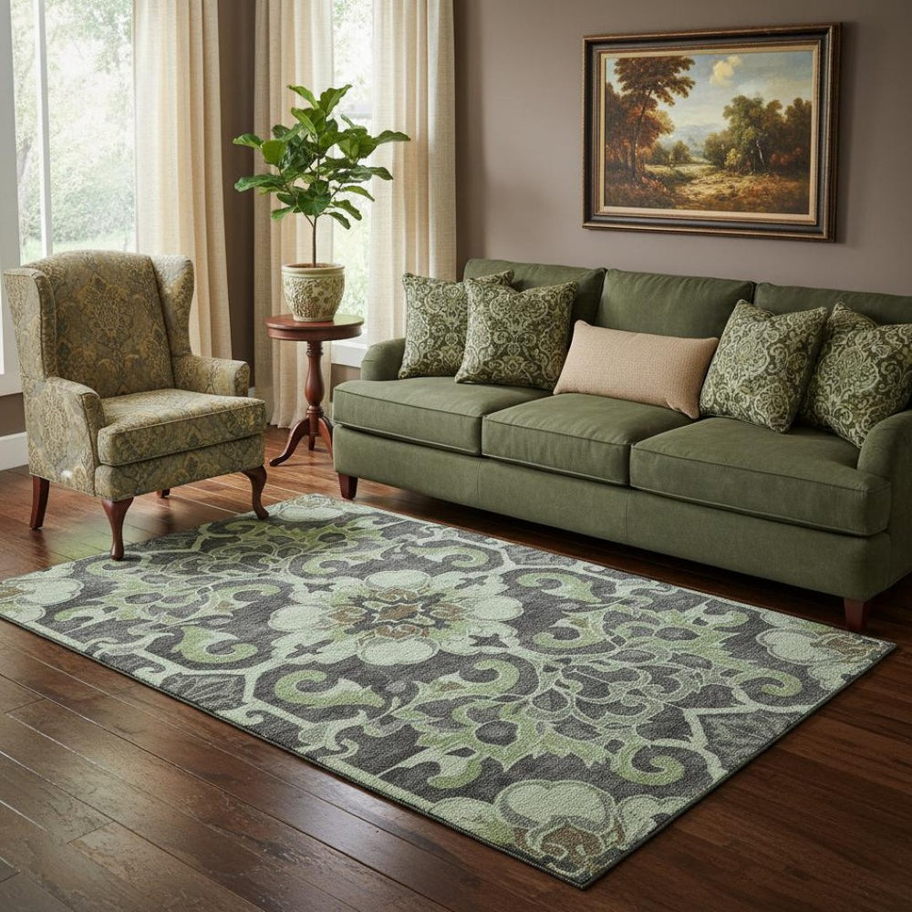 HomeRoots 8' Floral Medallion Washable Round Rug in Artichoke Green & Gray - Durable, UV Protected & Stylish 709051