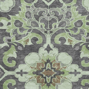 HomeRoots 8' Floral Medallion Washable Round Rug in Artichoke Green & Gray - Durable, UV Protected & Stylish 709051