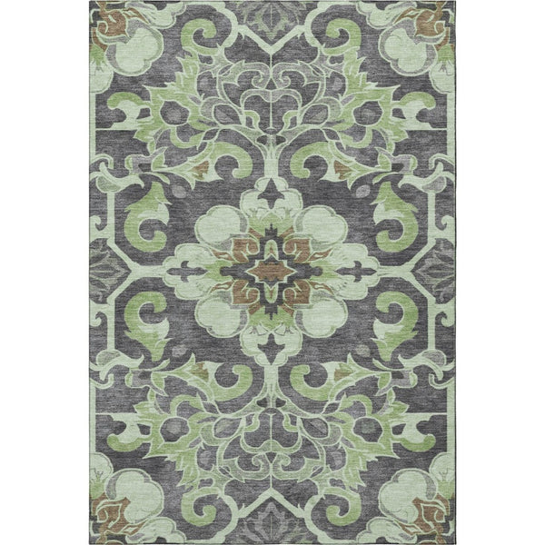 HomeRoots 8' Floral Medallion Washable Round Rug in Artichoke Green & Gray - Durable, UV Protected & Stylish 709051