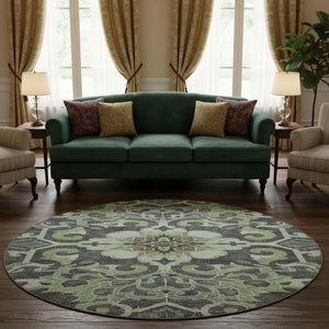 HomeRoots 8' X 10' Washable Floral Medallion Area Rug in Artichoke Green & Gray - Durable, UV-Protected Style! 709052