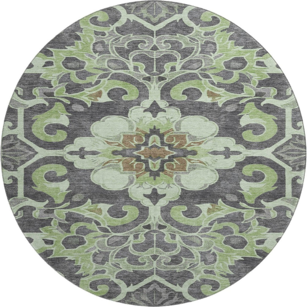 HomeRoots 8' X 10' Washable Floral Medallion Area Rug in Artichoke Green & Gray - Durable, UV-Protected Style! 709052