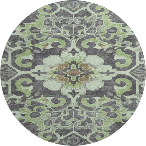 HomeRoots 8' X 10' Washable Floral Medallion Area Rug in Artichoke Green & Gray - Durable, UV-Protected Style! 709052