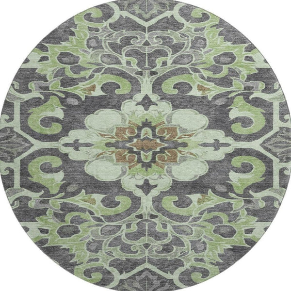 HomeRoots 8' X 10' Washable Floral Medallion Area Rug in Artichoke Green & Gray - Durable, UV-Protected Style! 709052