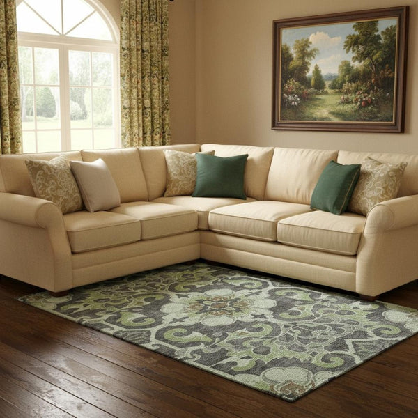 HomeRoots 9' X 12' Elegant Artichoke Green Floral Medallion Area Rug - Washable, UV Protected, Non-Slip Design 709053