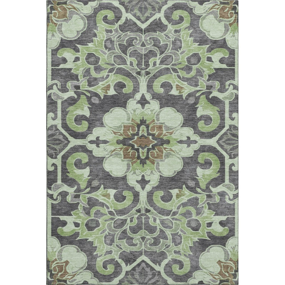HomeRoots 9' X 12' Elegant Artichoke Green Floral Medallion Area Rug - Washable, UV Protected, Non-Slip Design 709053