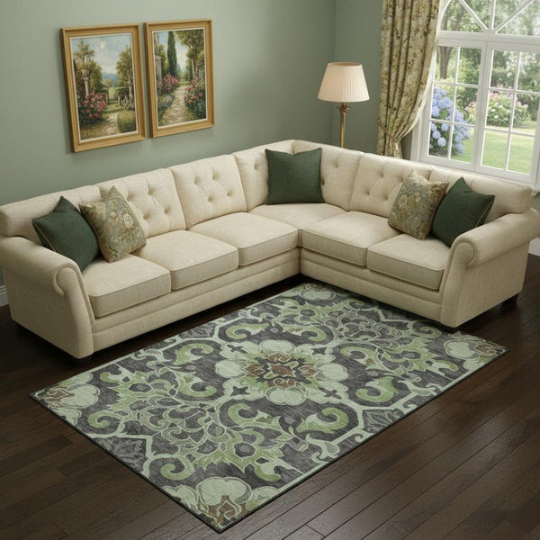 HomeRoots 10' X 14' Artichoke Green Floral Medallion Area Rug – Washable, Stain Resistant & UV Protected Beauty 709054