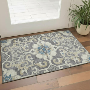 HomeRoots 5' X 8' Floral Medallion Area Rug in Beige, Charcoal & Blue - Washable, UV-Protected, Non-Slip Backing 709056