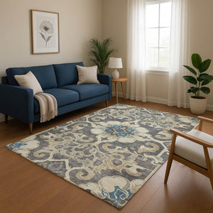 HomeRoots 5' X 8' Floral Medallion Area Rug in Beige, Charcoal & Blue - Washable, UV-Protected, Non-Slip Backing 709056
