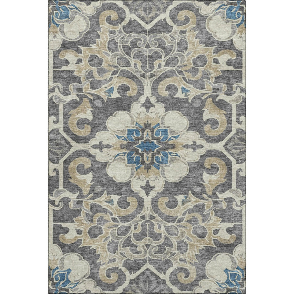 HomeRoots 5' X 8' Floral Medallion Area Rug in Beige, Charcoal & Blue - Washable, UV-Protected, Non-Slip Backing 709056