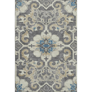 HomeRoots 5' X 8' Floral Medallion Area Rug in Beige, Charcoal & Blue - Washable, UV-Protected, Non-Slip Backing 709056