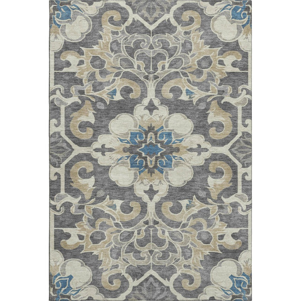 HomeRoots 5' X 8' Floral Medallion Area Rug in Beige, Charcoal & Blue - Washable, UV-Protected, Non-Slip Backing 709056