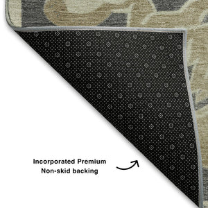 HomeRoots 5' X 8' Floral Medallion Area Rug in Beige, Charcoal & Blue - Washable, UV-Protected, Non-Slip Backing 709056
