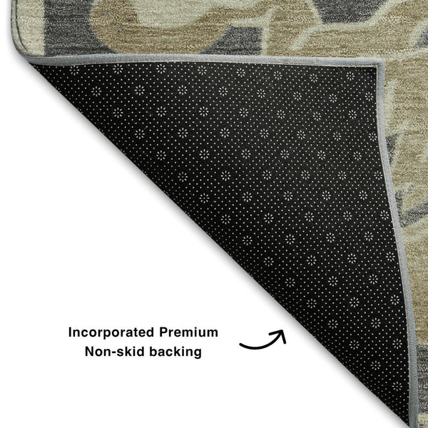 HomeRoots 5' X 8' Floral Medallion Area Rug in Beige, Charcoal & Blue - Washable, UV-Protected, Non-Slip Backing 709056