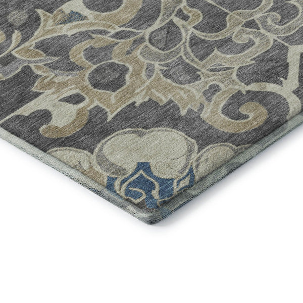 HomeRoots 5' X 8' Floral Medallion Area Rug in Beige, Charcoal & Blue - Washable, UV-Protected, Non-Slip Backing 709056