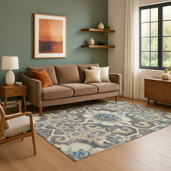 HomeRoots 5' X 8' Floral Medallion Area Rug in Beige, Charcoal & Blue - Washable, UV-Protected, Non-Slip Backing 709056