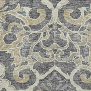HomeRoots 5' X 8' Floral Medallion Area Rug in Beige, Charcoal & Blue - Washable, UV-Protected, Non-Slip Backing 709056