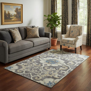 HomeRoots 8' Beige Charcoal and Blue Floral Medallion Washable Round Rug – Stylish, Durable, UV Protected Design 709057