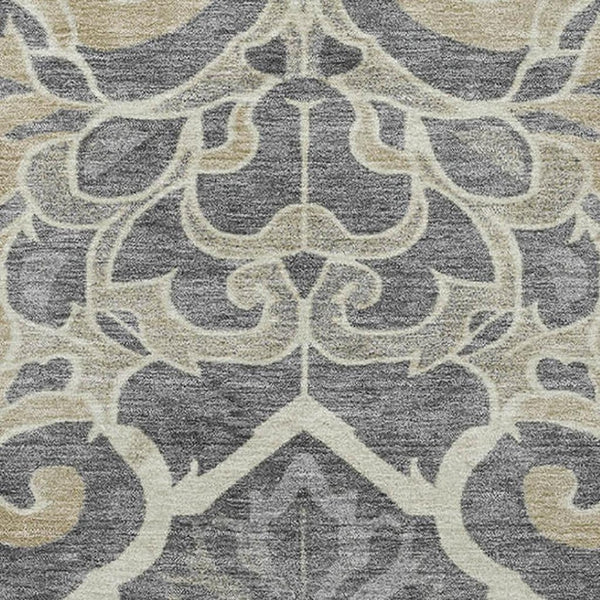 HomeRoots 8' Beige Charcoal and Blue Floral Medallion Washable Round Rug – Stylish, Durable, UV Protected Design 709057
