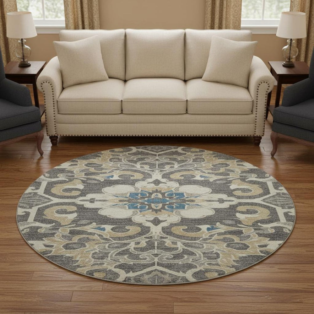 HomeRoots 8' X 10' Washable Beige Charcoal Blue Floral Medallion Area Rug with UV Protection for Busy Homes 709058