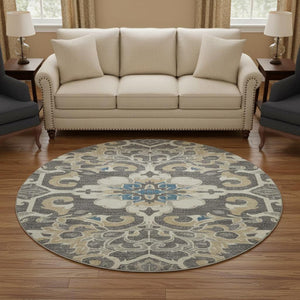 HomeRoots 8' X 10' Washable Beige Charcoal Blue Floral Medallion Area Rug with UV Protection for Busy Homes 709058