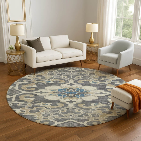 HomeRoots 8' X 10' Washable Beige Charcoal Blue Floral Medallion Area Rug with UV Protection for Busy Homes 709058