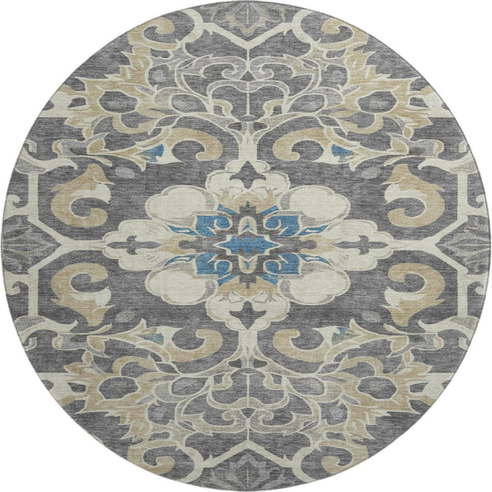HomeRoots 8' X 10' Washable Beige Charcoal Blue Floral Medallion Area Rug with UV Protection for Busy Homes 709058
