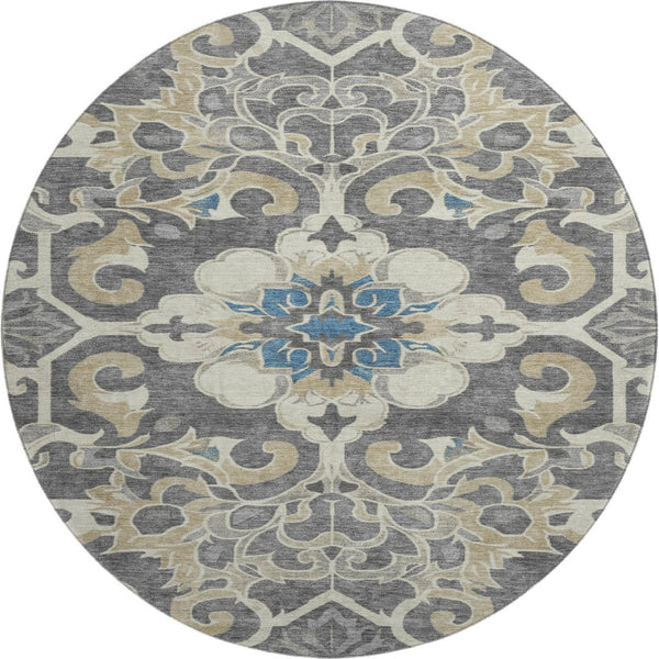 HomeRoots 8' X 10' Washable Beige Charcoal Blue Floral Medallion Area Rug with UV Protection for Busy Homes 709058