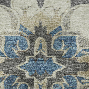 HomeRoots 8' X 10' Washable Beige Charcoal Blue Floral Medallion Area Rug with UV Protection for Busy Homes 709058