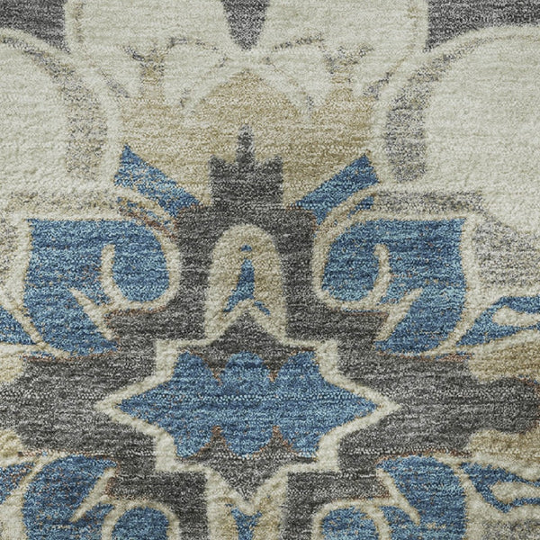 HomeRoots 8' X 10' Washable Beige Charcoal Blue Floral Medallion Area Rug with UV Protection for Busy Homes 709058