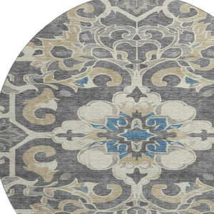 HomeRoots 8' X 10' Washable Beige Charcoal Blue Floral Medallion Area Rug with UV Protection for Busy Homes 709058