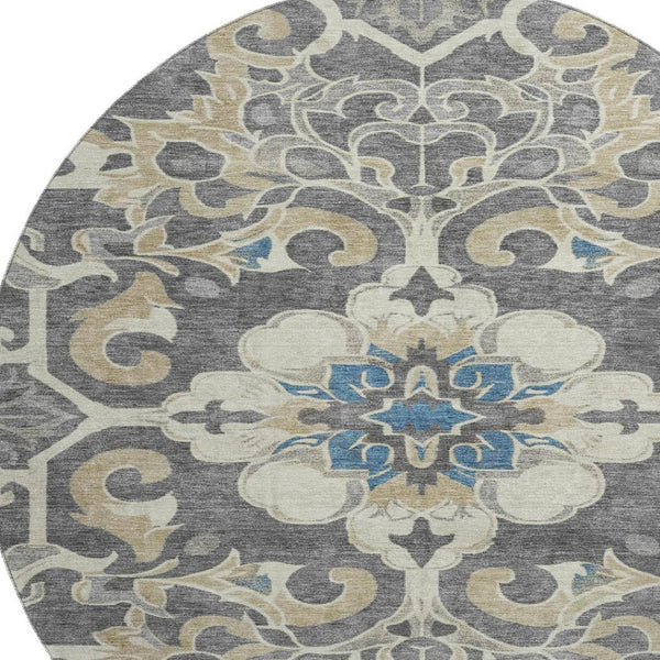 HomeRoots 8' X 10' Washable Beige Charcoal Blue Floral Medallion Area Rug with UV Protection for Busy Homes 709058
